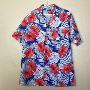 Tropical Storm Men’s medium Flower red and blue Hawaiian shirt button-up